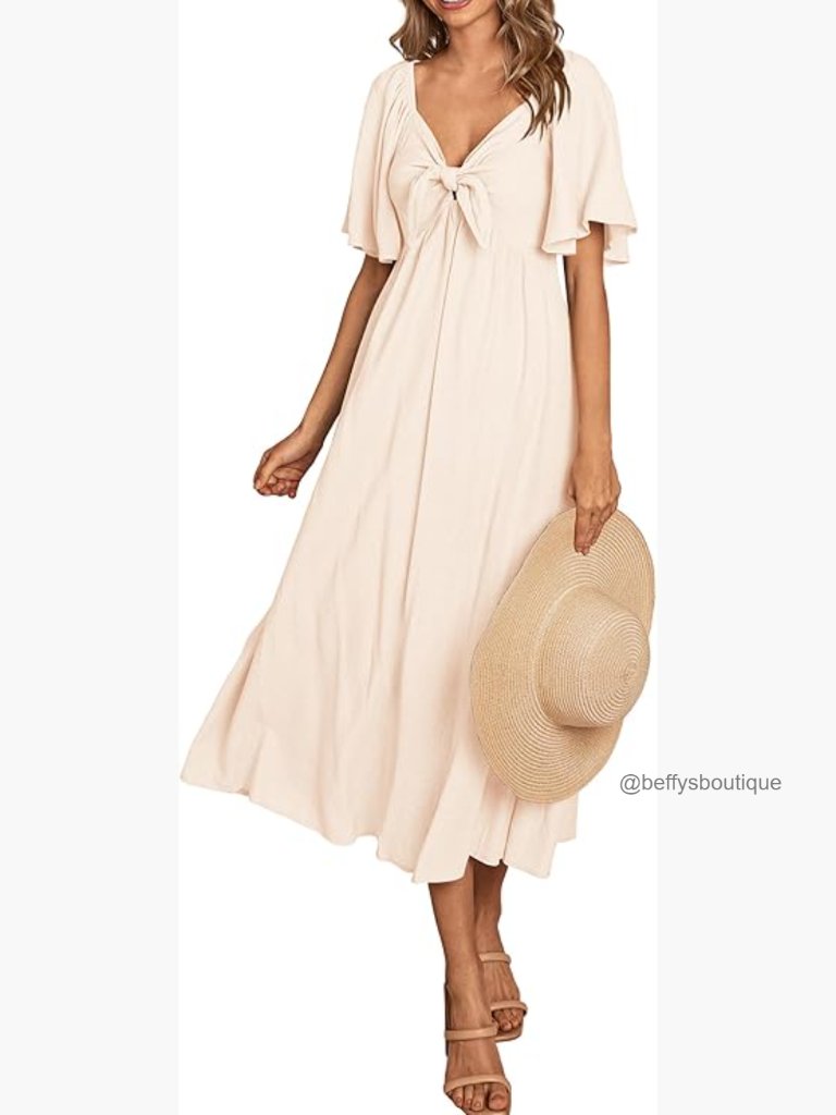 Casual V Neck Midi Dress Short Sleeve Bow Tie Ruffle Flowy A Line